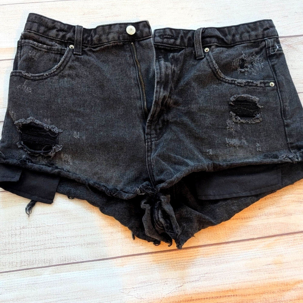 Wild Fable Women highest rise cheeky black denim distressed shorts. Size 14